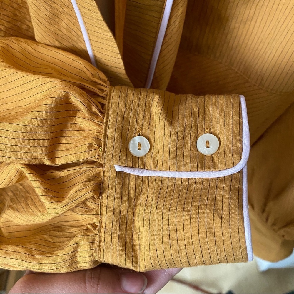 Anthropologie Maeve Long-Sleeved Piped Wrap Blouse Mustard Yellow Motif Size L - Picture 8 of 9